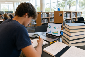 High school student studying advanced coursework in a bright modern library