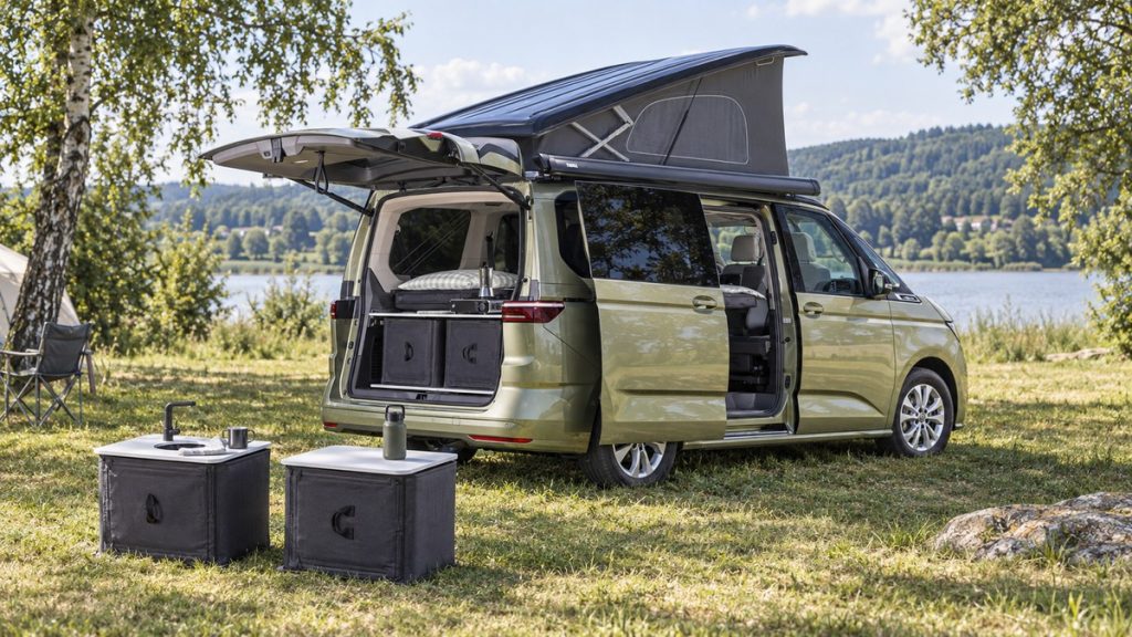 Volkswagen California Beach concept with removable inflatable camping kitchen modules.