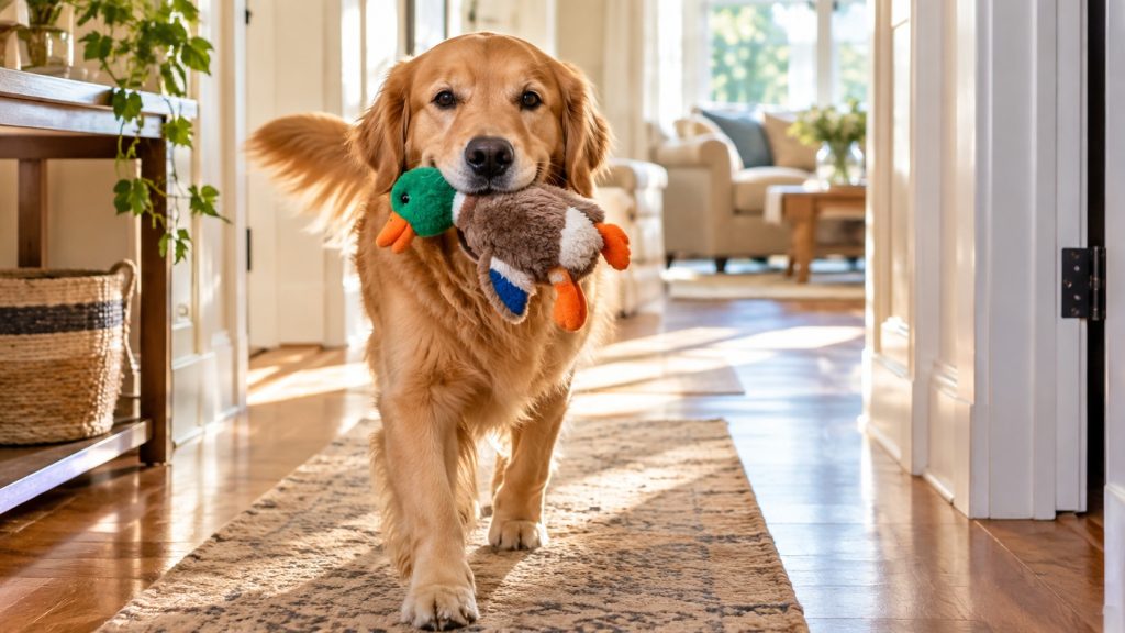 Golden retriever carrying a plush duck toy through a sunlit home hallway.
