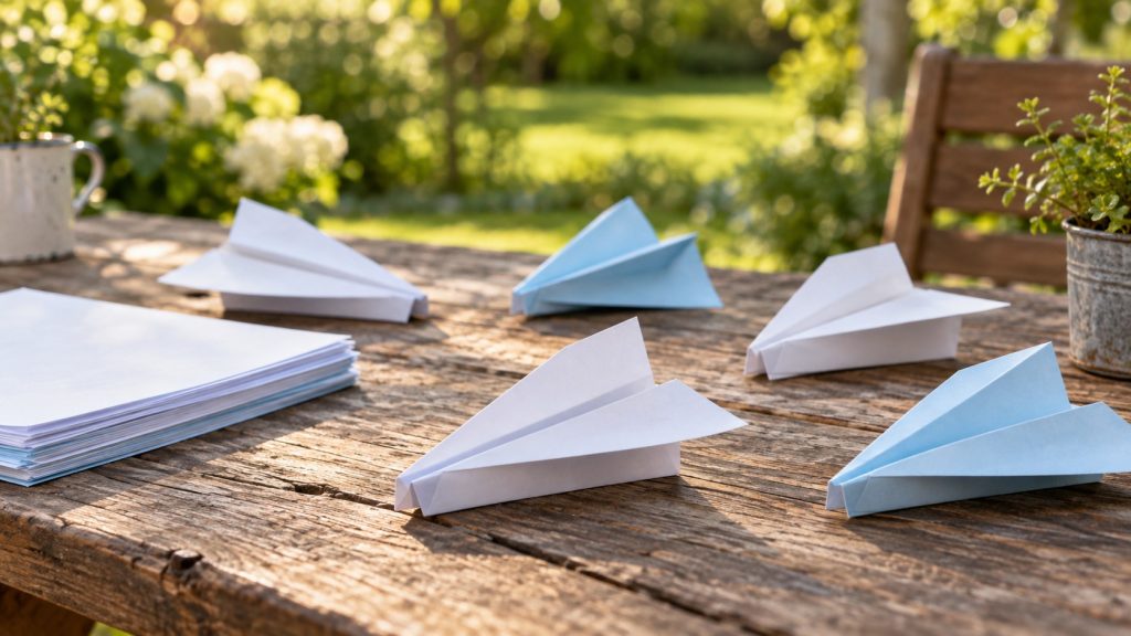 Blunt-nosed folded paper airplanes arranged on a wooden table outdoors.