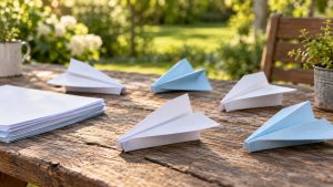Blunt-nosed folded paper airplanes arranged on a wooden table outdoors.